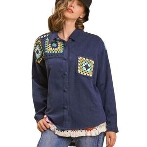 Umgee Women's Blue Crochet Detailed Jacket Size M Bohemian Vintage Style